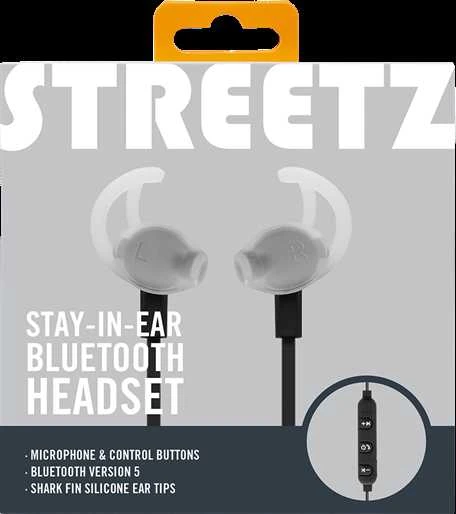 STREETZ „Stay-į ausis įkišamos“ BT5,0 ausinės su mikrofonu ir valdymo mygtukais, juodos HL-BT303