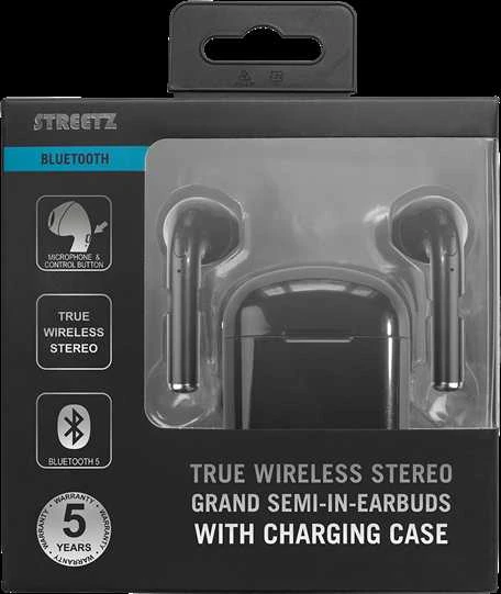 STREETZ True Belaidės ausinės, 350 mAh dėklas, Bluetooth 5, juodos / TWS-0007