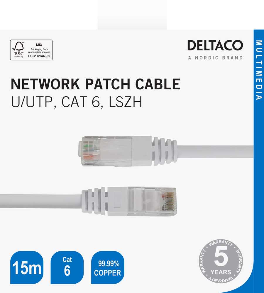 Tinklo kabelis DELTACO U/UTP Cat6, 15m, baltas / TP-615V-K / 00210005