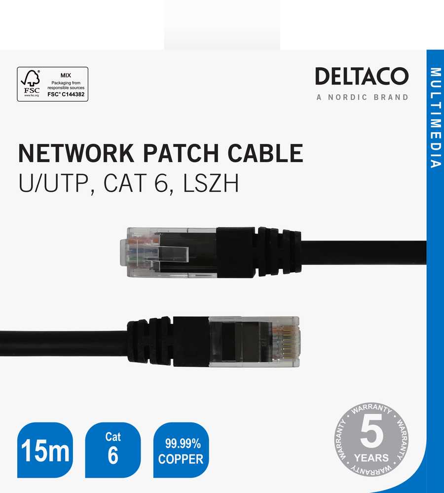 Tinklo kabelis DELTACO U/UTP Cat6, 15m, juodas / TP-615S-K / 00210004