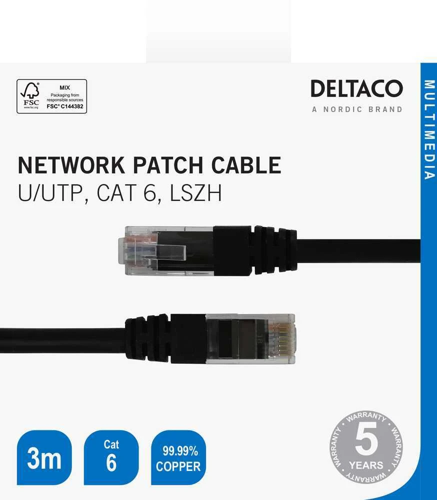 Tinklo kabelis DELTACO U/UTP Cat6, 3m, juodas / TP-63S-K / 00210010