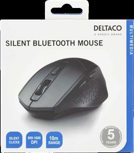 Tyli Bluetooth pelė DELTACO 800-1600 DPI, 4 mygtukai, pilka / MS-901