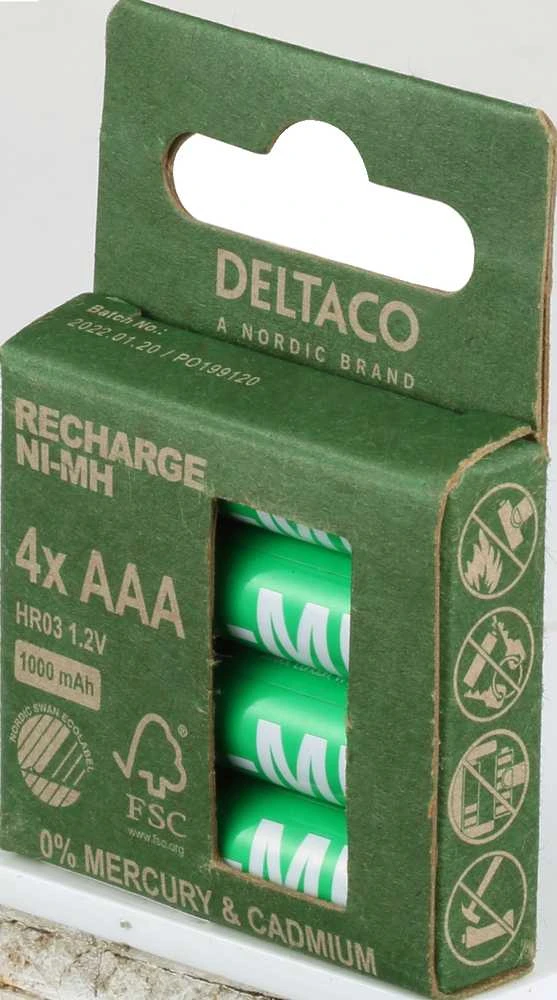 Deltaco įkraunamos AAA baterijos žalioje pakuotėje