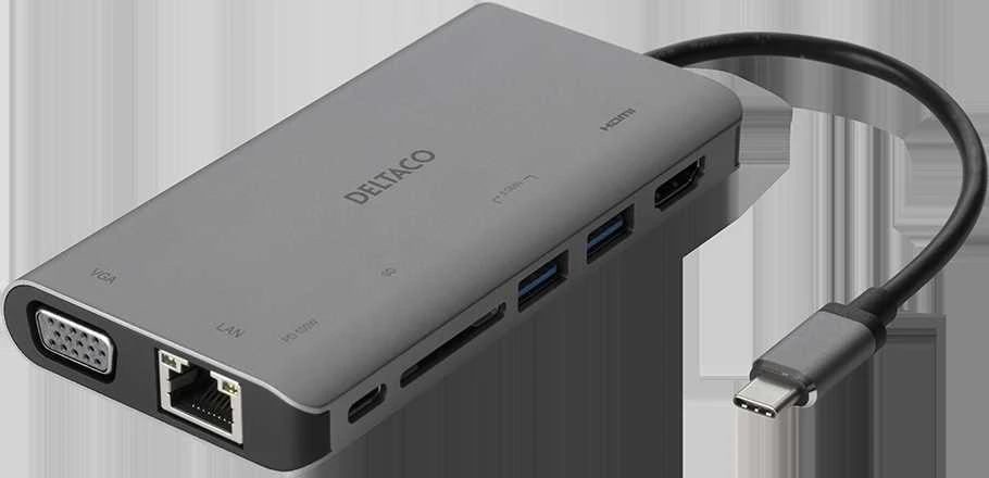 Įkrovimo stotelė DELTACO USB-C i HDMI / VGA / USB / RJ45 / SD, USB-C jungtis krovimui, 3840x2160, pilkas / USBC-HDMI18
