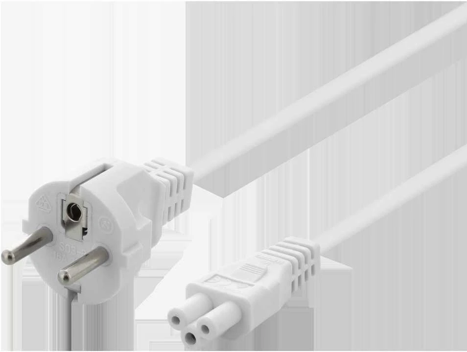 Įžemintas prietaiso kabelis DELTACO tiesus CEE 7/7 į tiesų IEC 60320 C5, 1m, max 250V / 2.5A, 3X0.75mm2, baltas / DEL-109CV