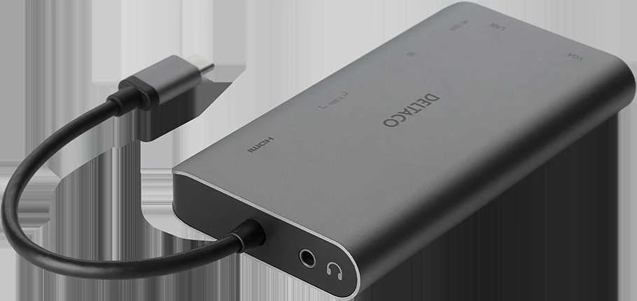 Įkrovimo stotelė DELTACO USB-C i HDMI / VGA / USB / RJ45 / SD, USB-C jungtis krovimui, 3840x2160, pilkas / USBC-HDMI18