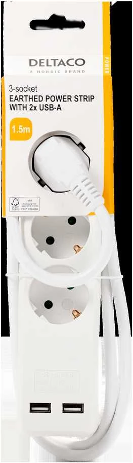 Įžemintas ilgiklis DELTACO su 2x USB-A and 3x CEE 7/3 lizdais, apsaugota nuo vaikų, 1,5 m, baltas / GT-0310