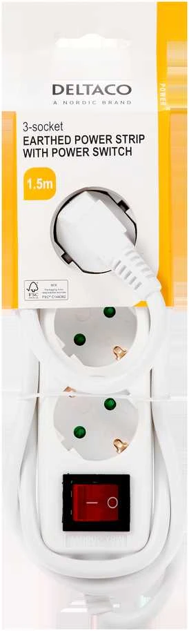 Įžemintas ilgiklis DELTACO su maitinimo jungikliu, 3x CEE 7/3, 1x CEE 7/7, apsaugota nuo vaikų, 1,5 m, baltas / GT-0350