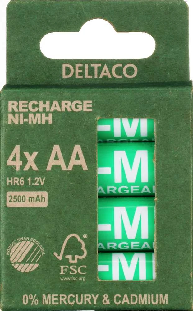 Įkraunamos AA baterijos DELTACO AA 2500mAh, pažymėtos "Nordic Swan" ekologiniu ženklu, 4 vnt. pakuotė / ULT-NH2500AA-4P
