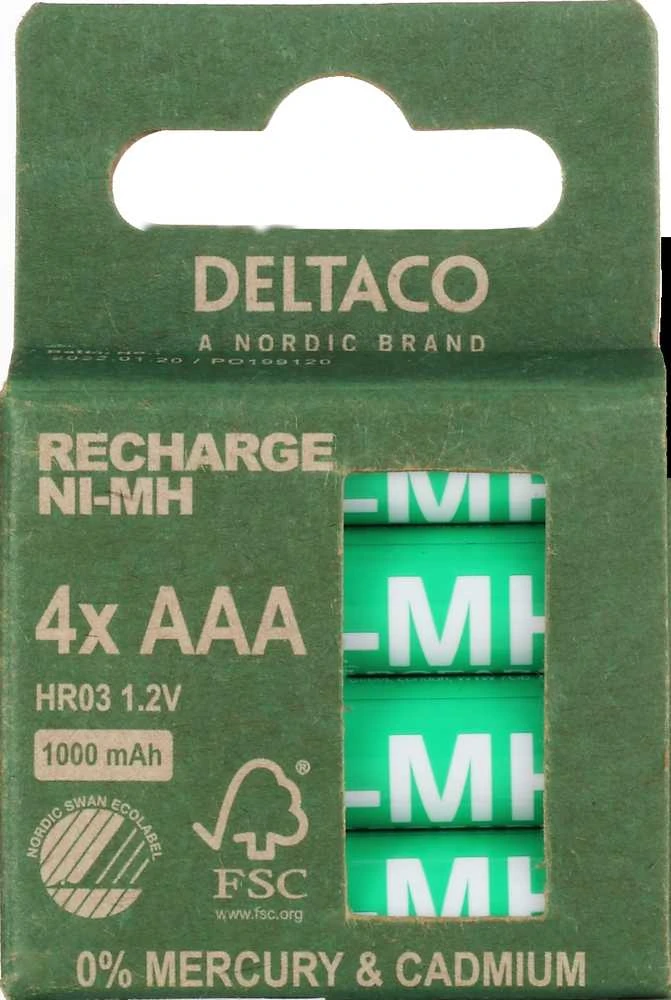 Įkraunamos AAA baterijos DELTACO 1000mAh,pažymėtos ekologiniu ženklu „Nordic Swan“, 4 vnt. pakuotė / ULT-NH1000AAA-4P