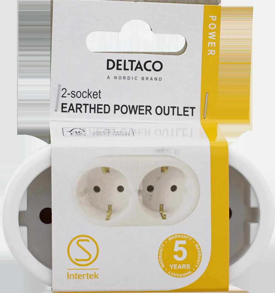 Įžemintas elektros lizdas DELTACO 2 lizdai, baltas / GT-987