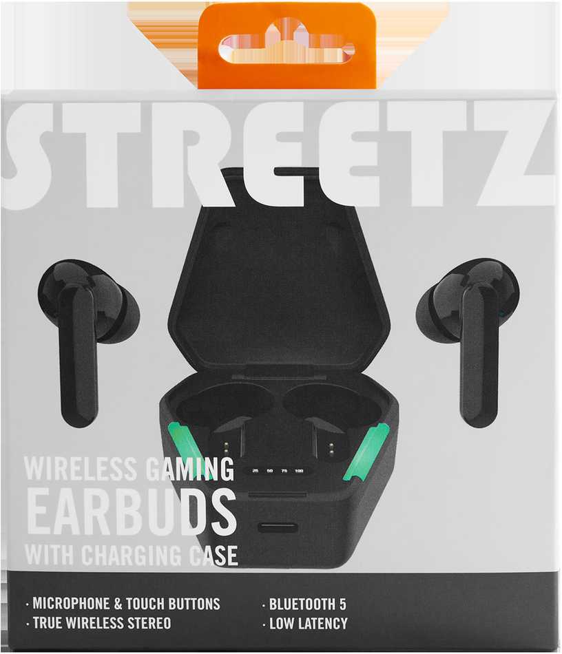 Žaidimų ausinės STREETZ True Belaidės Stereo, matinė juoda / TWS-115