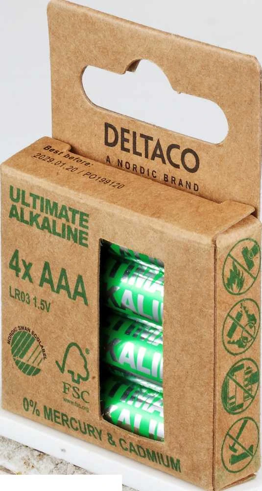 Deltaco AAA baterijos kartoninėje pakuotėje
