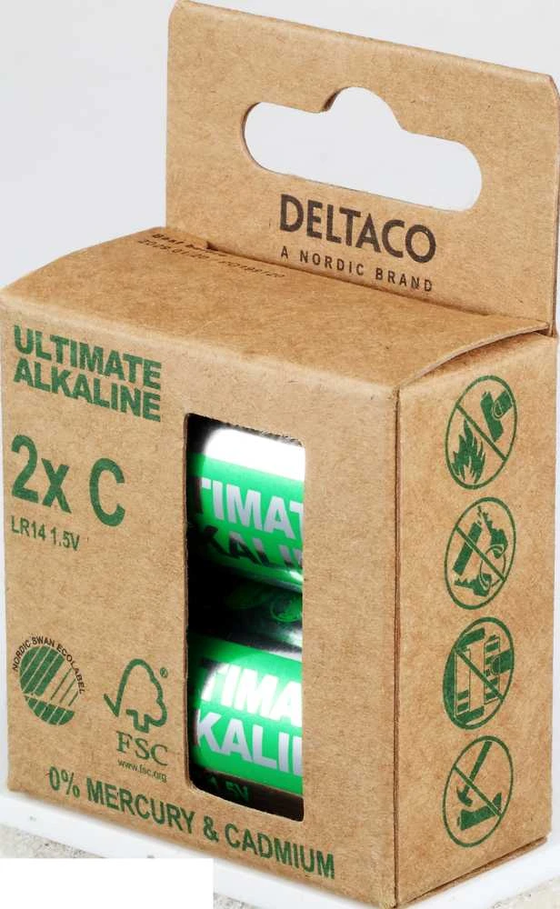 Ultimate Alkaline C baterijos DELTACO pažymėta „Nordic Swan“ ekologiniu ženklu, 2 vnt. pakuotė / ULT-LR14-2P