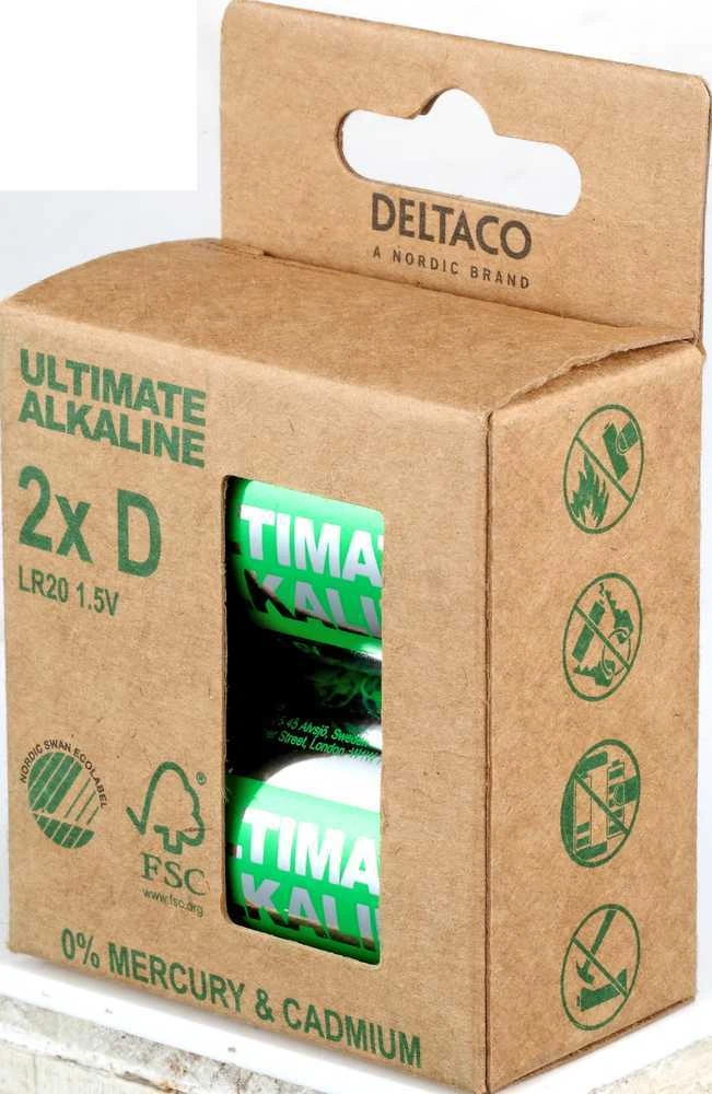 Ultimate Alkaline D baterijos DELTACO Nordic Swan Ecolabelled, 2 vnt. pakuotė / ULT-LR20-2P