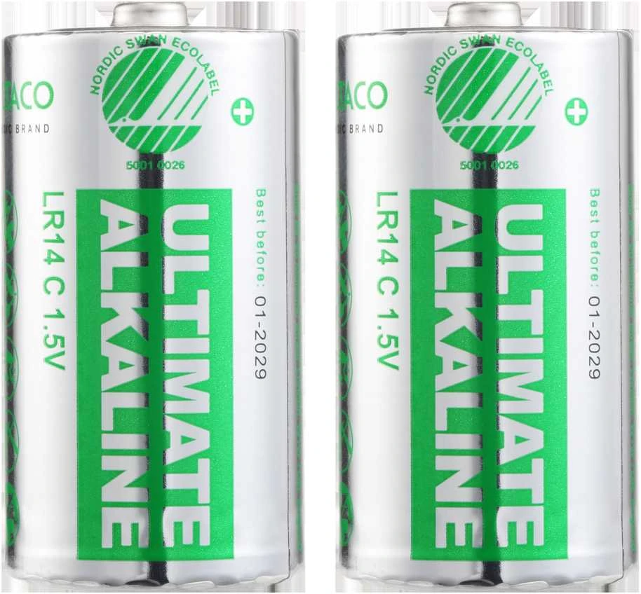 Ultimate Alkaline C baterijos DELTACO pažymėta „Nordic Swan“ ekologiniu ženklu, 2 vnt. pakuotė / ULT-LR14-2P