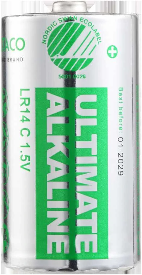 Ultimate Alkaline C baterijos DELTACO pažymėta „Nordic Swan“ ekologiniu ženklu, 2 vnt. pakuotė / ULT-LR14-2P