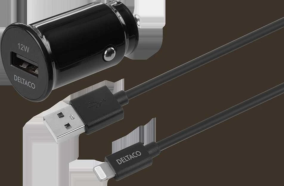 USB automobilinis įkroviklis DELTACO 1x USB-A 2,4 A, 1 m Lightning laidas, juodas / USB-CAR130