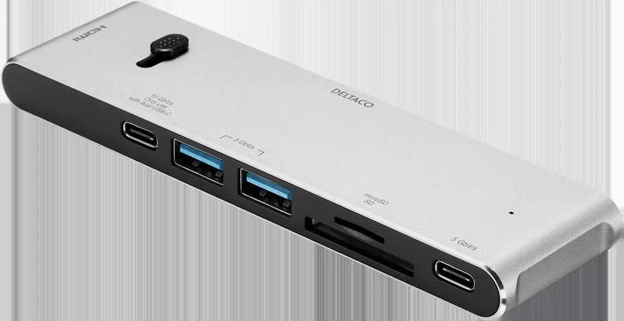 USB-C jungčių stotelė DELTACO USB-C į HDMI/DisplayPort/USB-A/USB-C/atminties kortelės skaitytuvas, 3840x2160, PD 100W, pilka / USBC-HDMI21