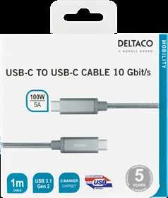 USB-C kabelis DELTACO 1m, SuperSpeed , pintas, USB 3.1 Gen 2, 10 Gbps, 100W, sidabrinė / USBC-1417M