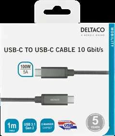 USB-C laidas DELTACO „SuperSpeed“ , 1 m, pintas, USB 3.1 Gen 2, 10 Gbps, 100W / USBC-1412M