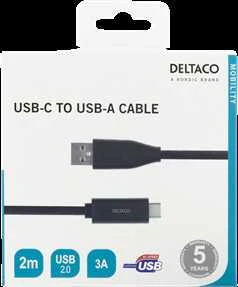 USB-C į USB-A kabelį, 2 m, 3A, USB 2.0, juoda DELTACO / USBC-1006M