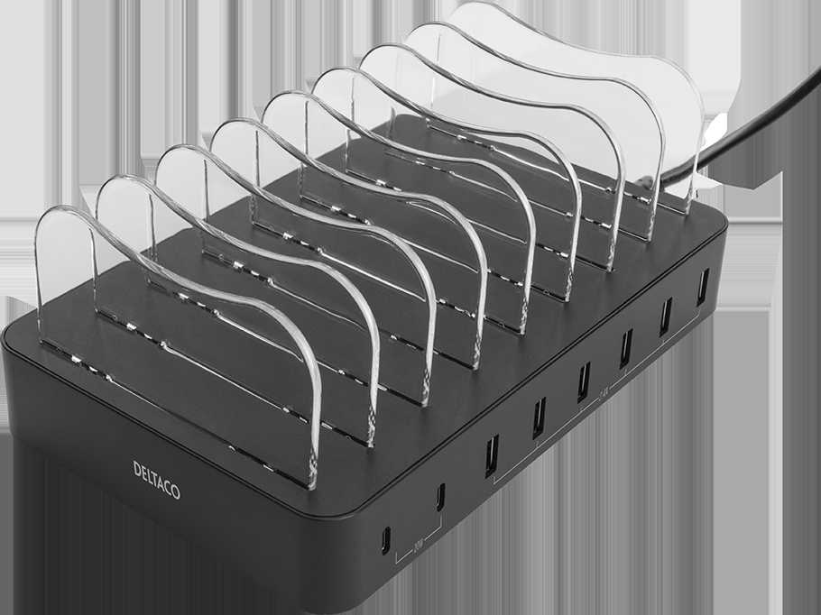 USB krovimo stotelė DELTACO skirtas 8 prietaisams, 6x USB-A, 2x USB-C PD, greitas krovimas, 75 W, juodas / DPS-0201