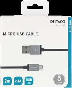USB sinchronizavimo / įkrovimo kabelis, pintas, USB-A ma - USB Micro B ma, 2m, 2.4A, USB 2.0 DELTACO juodas / MICRO-113F