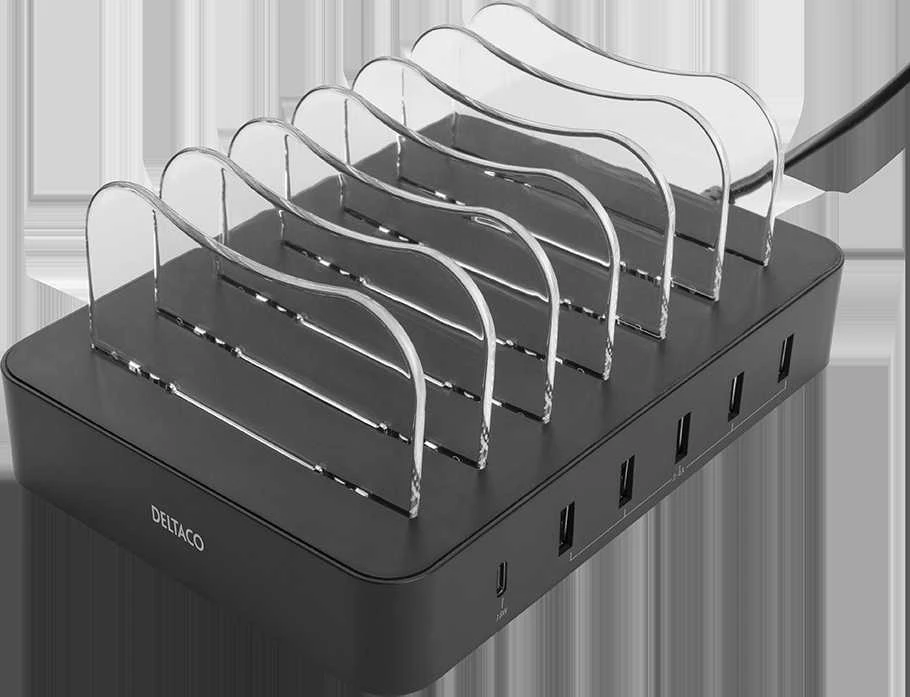 USB įkrovimo stotelė DELTACO skirta 6 įrenginiams, 5x USB-A, 1x USB-C PD, greitas krovimas, 50 W, juoda / DPS-0200