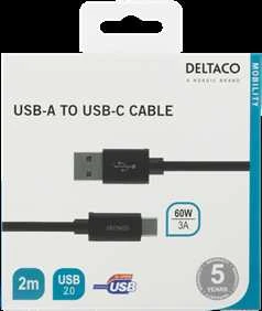 USB-A į USB-C laidas, 2 m, USB 2.0, pintas, juodas DELTACO / USBC-1134M