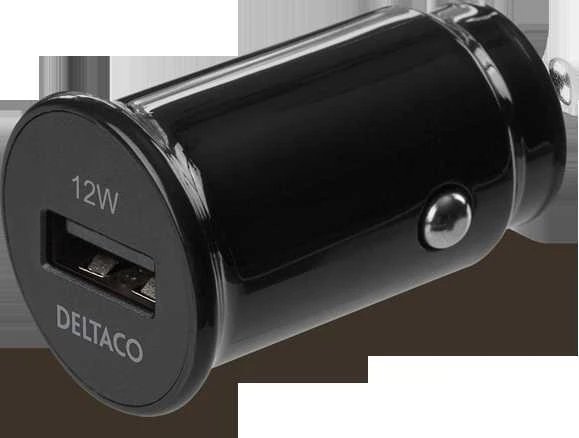 USB automobilinis įkroviklis DELTACO 1x USB-A 2,4 A, 1 m Lightning laidas, juodas / USB-CAR130