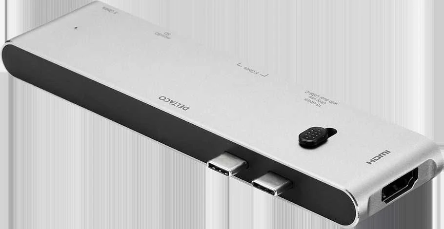 USB-C jungčių stotelė DELTACO USB-C į HDMI/DisplayPort/USB-A/USB-C/atminties kortelės skaitytuvas, 3840x2160, PD 100W, pilka / USBC-HDMI21