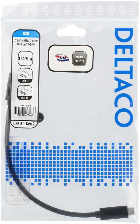 USB-C kabelis DELTACO 0.25m, USB 3.1 Gen 2, 10 Gbps, 60W, juodas / USBC-1120