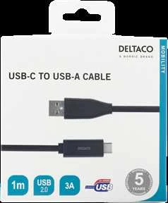 USB-C į USB-A kabelį, 1m, 3A, USB 2.0, juodas DELTACO / USBC-1004M