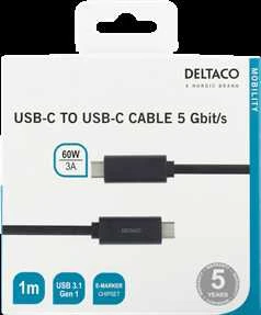 USB-C į USB-C laidas, 1m, 60W 3A, USB 3.1 Gen, E-Marker DELTACO juodas / USBC-1054M