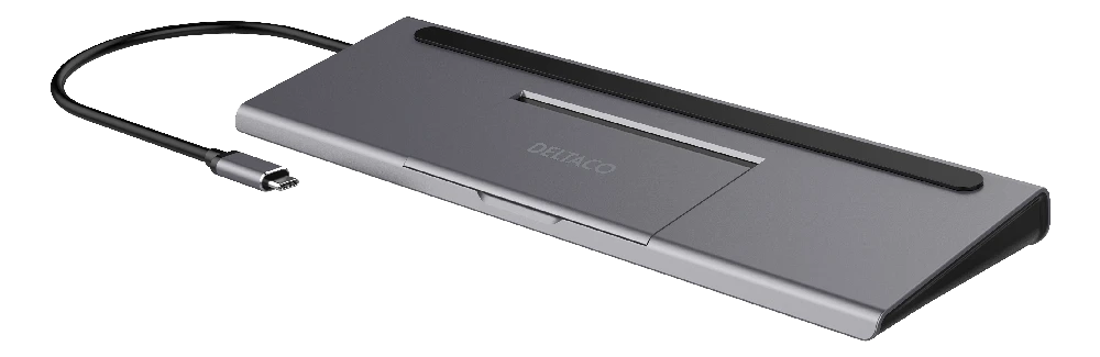 USB-C jungčių stotelė DELTACO USB-C maitinimo šaltinis, 85 W, 4K UHD @ 60Hz, DP, HDMI, VGA, RJ45, 3.5mm, 1 Gbit/s, pilka / USBC-DOCK2