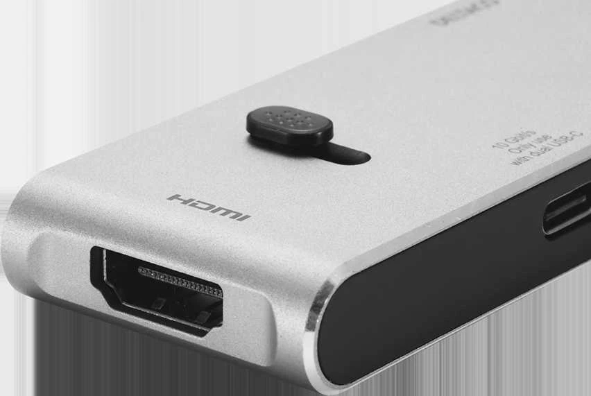 USB-C jungčių stotelė DELTACO USB-C į HDMI/DisplayPort/USB-A/USB-C/atminties kortelės skaitytuvas, 3840x2160, PD 100W, pilka / USBC-HDMI21