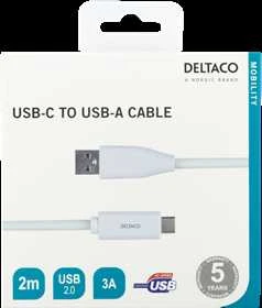 USB-C į USB-A kabelį, 2 m, 3A, USB 2.0, baltas DELTACO / USBC-1011M
