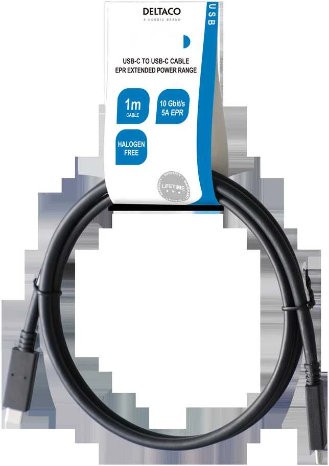 USB-C į USB-C kabelis DELTACO 1m, 10Gbps, 100W 5A, USB 3.1 Gen 2, E-Market, juodas / USBC-1402-LSZH