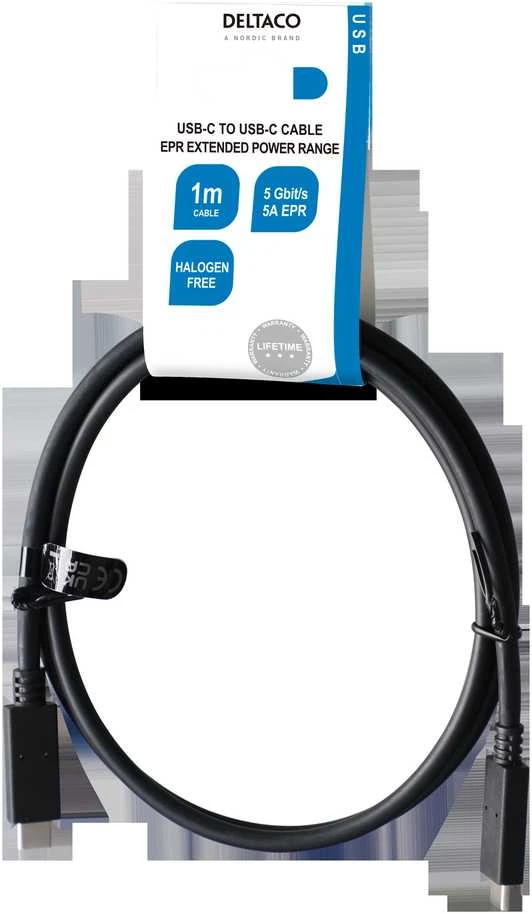 USB-C į USB-C kabelis DELTACO 5 Gbit/s, 5A, 1 m, juodas / USBC-1501-LSZH