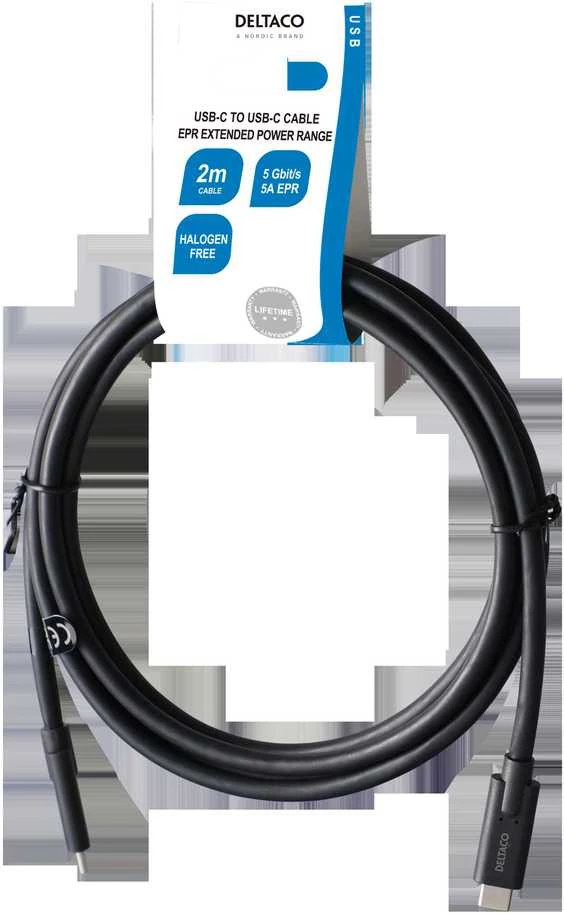 USB-C į USB-C kabelis DELTACO 5 Gbit/s, 5A, 2m, juodas / USBC-1503-LSZH