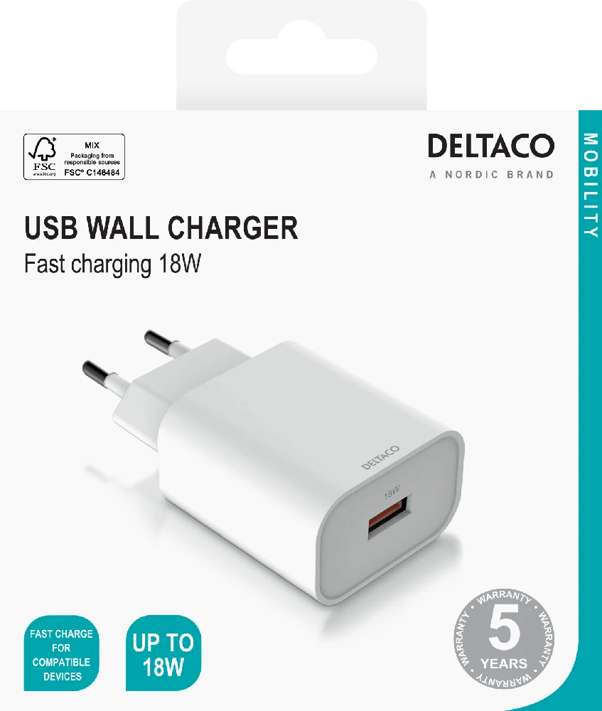 Deltaco 18W USB-A sieninis įkroviklis pakuotėje