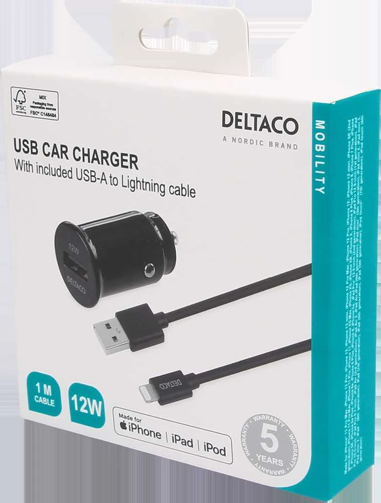 USB automobilinis įkroviklis DELTACO 1x USB-A 2,4 A, 1 m Lightning laidas, juodas / USB-CAR130