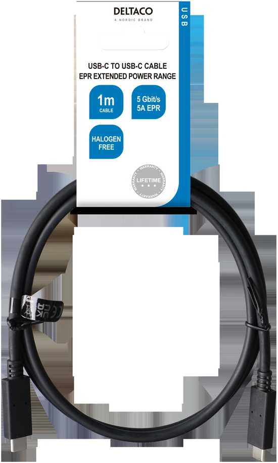 USB-C į USB-C kabelis DELTACO 5 Gbit/s, 5A, 1 m, juodas / USBC-1501-LSZH