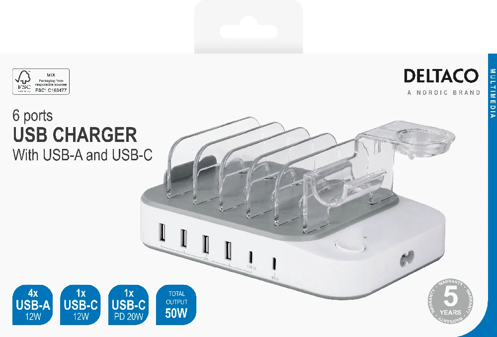 USB įkrovimo stotelė DELTACO 4x USB-A, 2x USB-C, 50 W, balta / DPS-0203
