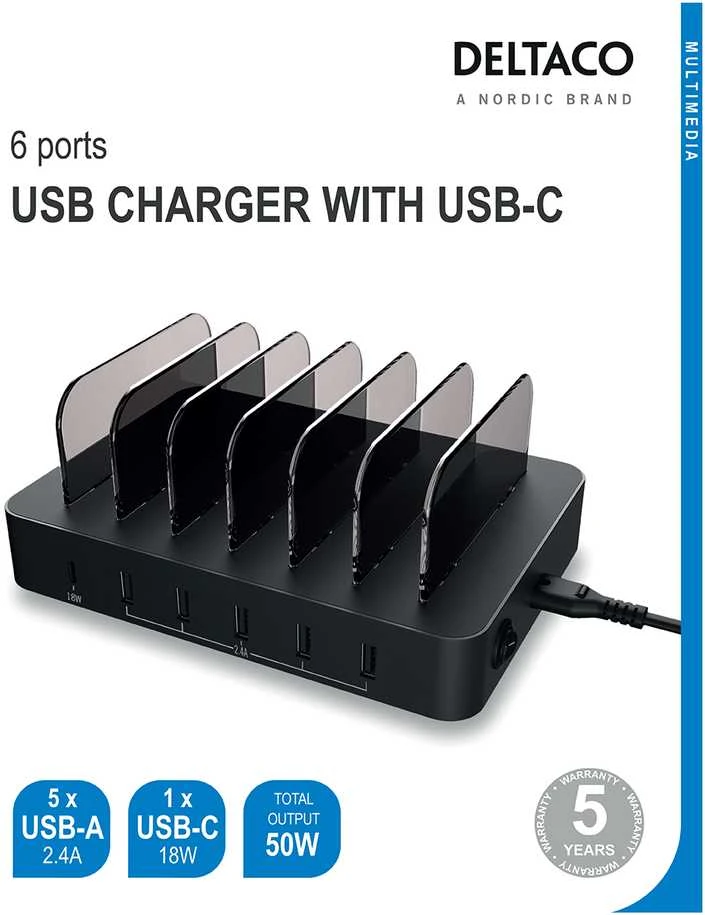 USB įkrovimo stotelė DELTACO skirta 6 įrenginiams, 5x USB-A, 1x USB-C PD, greitas krovimas, 50 W, juoda / DPS-0200