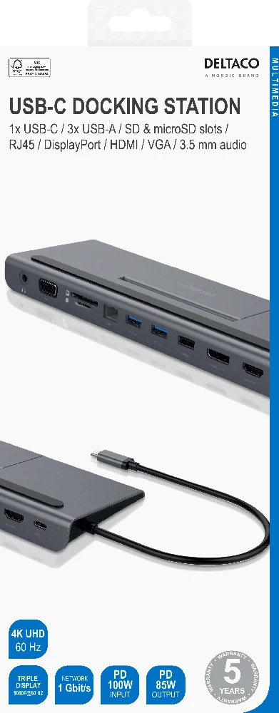 USB-C jungčių stotelė DELTACO USB-C maitinimo šaltinis, 85 W, 4K UHD @ 60Hz, DP, HDMI, VGA, RJ45, 3.5mm, 1 Gbit/s, pilka / USBC-DOCK2