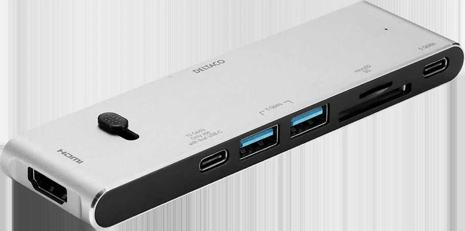 USB-C jungčių stotelė DELTACO USB-C į HDMI/DisplayPort/USB-A/USB-C/atminties kortelės skaitytuvas, 3840x2160, PD 100W, pilka / USBC-HDMI21