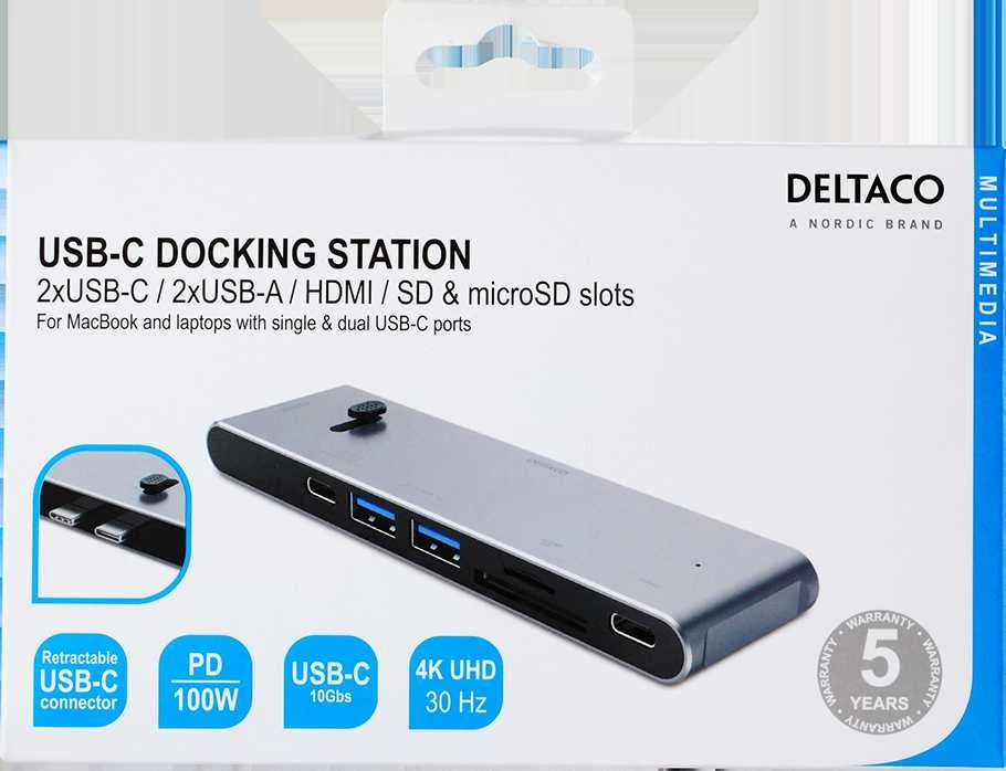 USB-C jungčių stotelė DELTACO USB-C į HDMI/DisplayPort/USB-A/USB-C/atminties kortelės skaitytuvas, 3840x2160, PD 100W, pilka / USBC-HDMI21