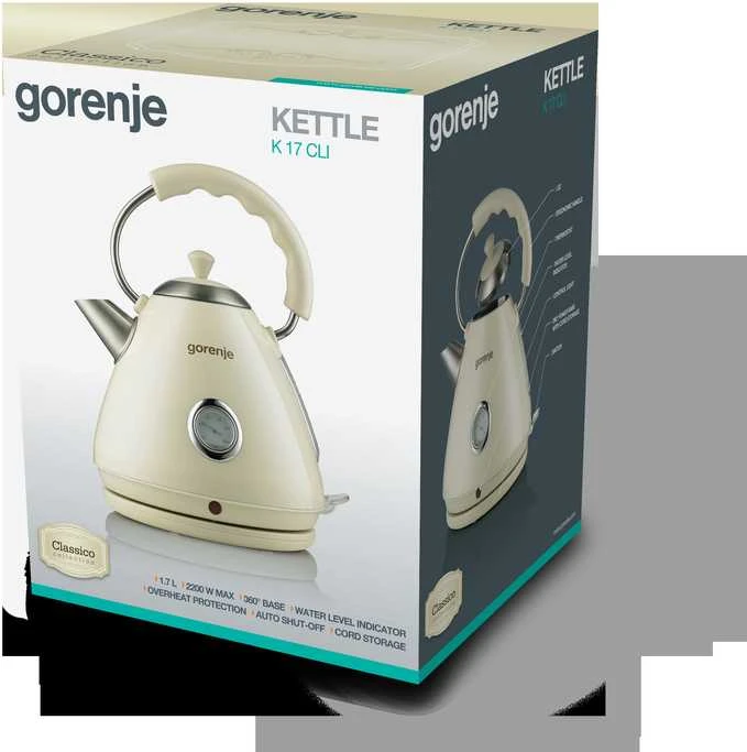 Virdulys Gorenje K17CLI Standard, Plastic/ metal, Kreminis, 2200 W, 360° rotational base, 1.7 L